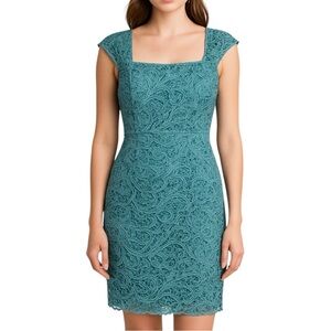 ADRIANNA PAPELL Lace Square Neck Formal Cocktail Blue Dress Size 12